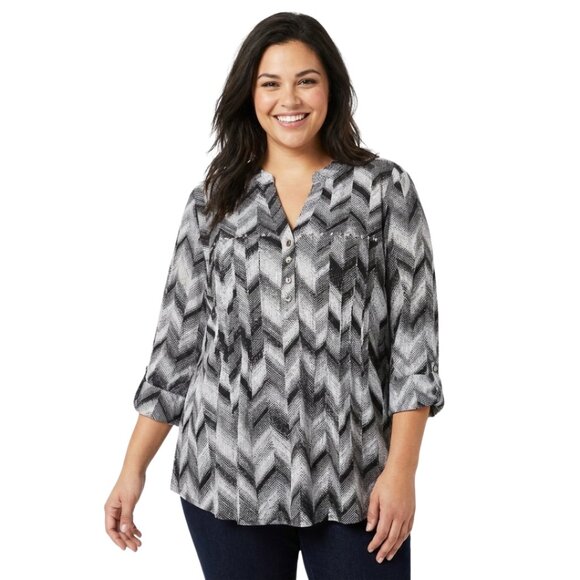 Cocomo Black White Chevron Studded Blouse Top Plus Size 2X Roll Tab Career - Picture 1 of 12